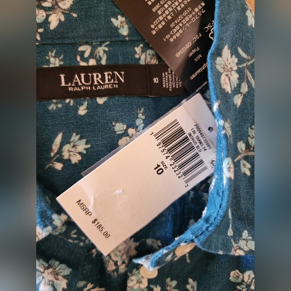 NWT $185 Ralph Lauren womens 10 Floral Linen MidI Dress Waist Bow Tie Button Up - Picture 6 of 13
